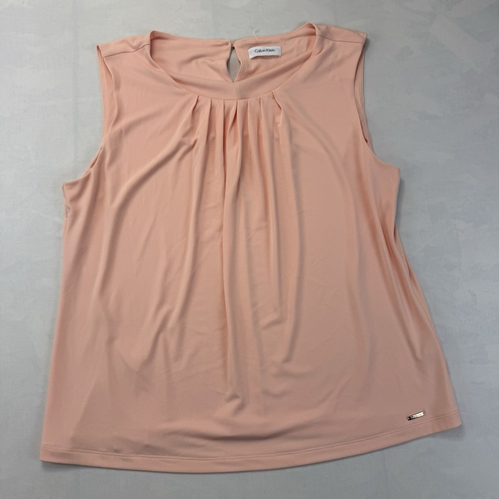 Calvin Klein Women's Large Peach Sleeveless Pleated Stretch Blouse Top